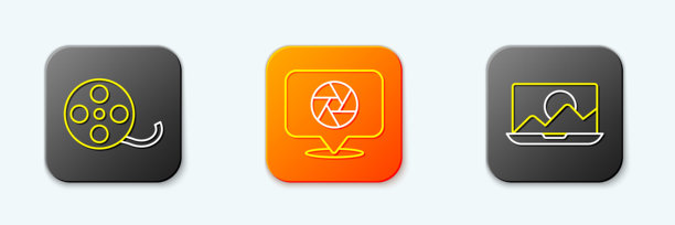 胶片卷、相机快门和照片修饰图标的线条集。矢量图图片下载