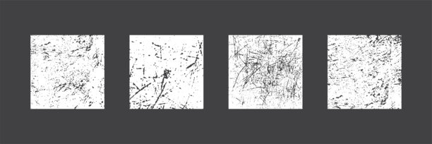 一组颓废纹理叠加。包含刮痕、泼溅和粗糙纹理的失真方形背景集，用于复古效果或老照片设计。矢量插画图片下载