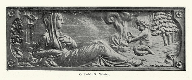 雕塑，代表冬天，一位年轻女子和一个小孩在火旁取暖，奥托·罗洛夫 1890年代，19世纪老照片图片下载