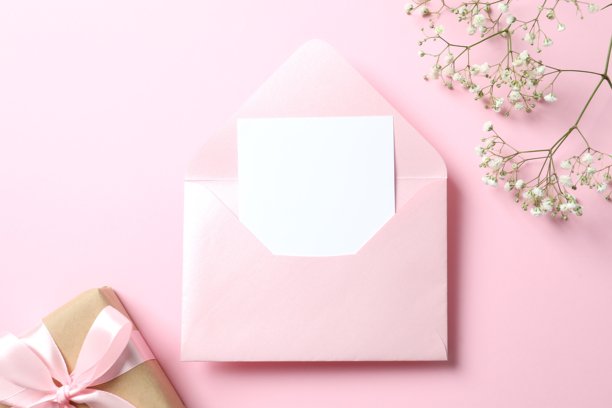粉色背景下的信封和满天星花的俯视照片图片下载