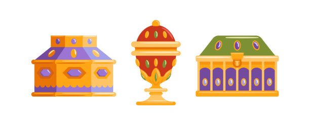 宝石首饰盒套装，抛光矢量插画，展示带有奢华饰面的优雅宝石盒，非常适合品牌推广、产品目录。东方三博士的礼物，黄金、乳香、没药图片下载