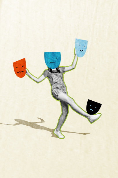 3D艺术作品，流行横幅拼贴，头部被表情符号贴纸头像取代的匿名女孩，象征欺凌、紧张、孤独和精神分裂症图片下载