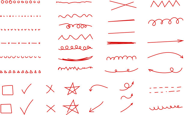 手绘涂鸦笔刷线条矢量图包。铅笔蜡笔箭头、交叉符号、文字引用框、星星、对勾、标记图标集强调元素信息图设计。手绘涂鸦装饰。矢量插画图片下载