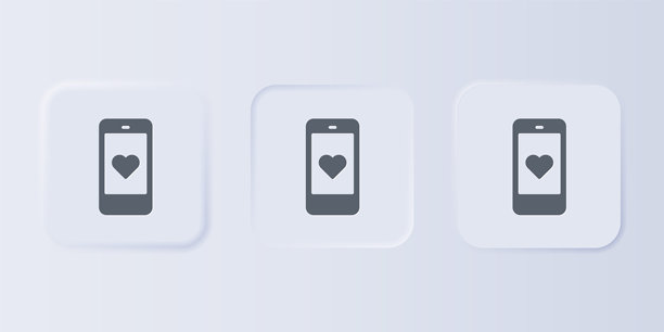 带有爱心表情符号对话气泡的灰色智能手机，屏幕上显示收到消息的图标，孤立在灰色背景上。情人节。方形按钮中的图标集。矢量图图片下载