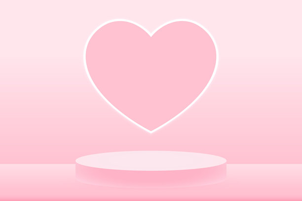 粉色舞台讲台和心形，在粉色背景上发出光芒，矢量插画，适用于爱情主题、情人节促销海报的模板图片下载