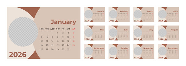 2026年桌面台历模板，带照片空间，横向格式。周一为一周开始图片下载