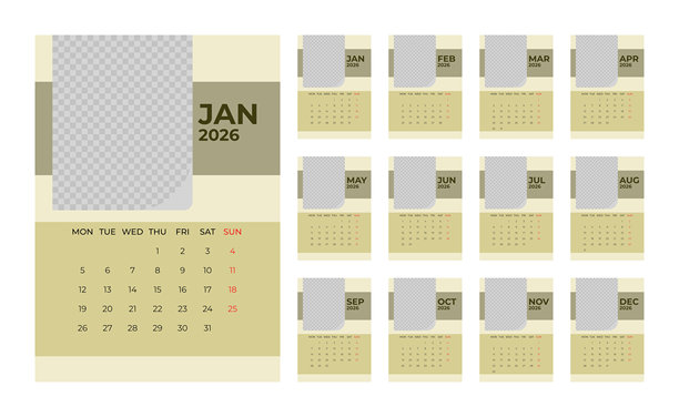 2026年桌面台历模板，带照片空间，竖版。周一开始于周一图片下载