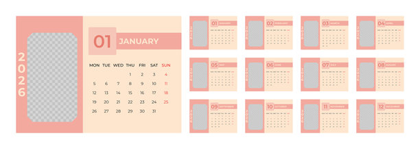 2026年台历模板，带照片空间，横向格式。周一为一周的开始图片下载