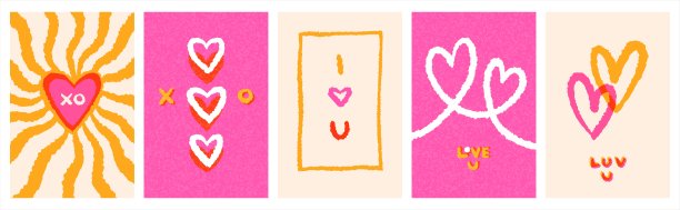 情人节潮流贺卡套装。笔刷手绘不规则颤抖线条，爱心。XO，我爱你手写体。明亮时髦的嬉皮士潮流插画，矩形模板合集。图片下载