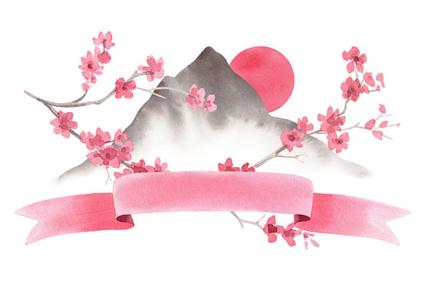 风景横幅，包含山脉、太阳、樱花和粉色丝带。水彩手工插画。适用于面料、壁纸、贺卡、设计、装饰和插画。图片下载