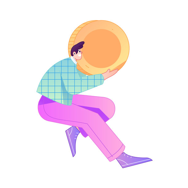 专业素描插画，描绘一个人体运动的形象，手持一枚金币。图片下载