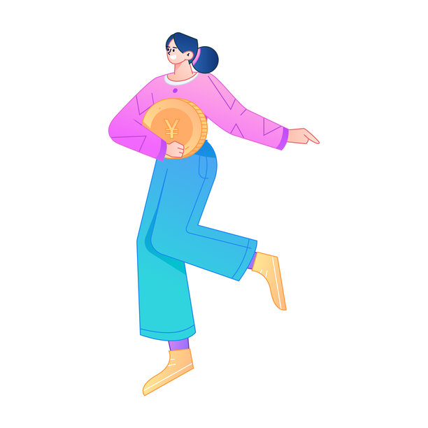 专业素描插画，描绘一个人体运动中的角色手持金币的画面。图片下载