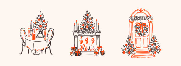 一套手绘蜡笔涂鸦的异想天开的圣诞快乐和新年快乐家居设计元素。带圣诞花环的门。庆祝圣诞晚餐桌。带礼品盒和袜子壁炉。图片下载