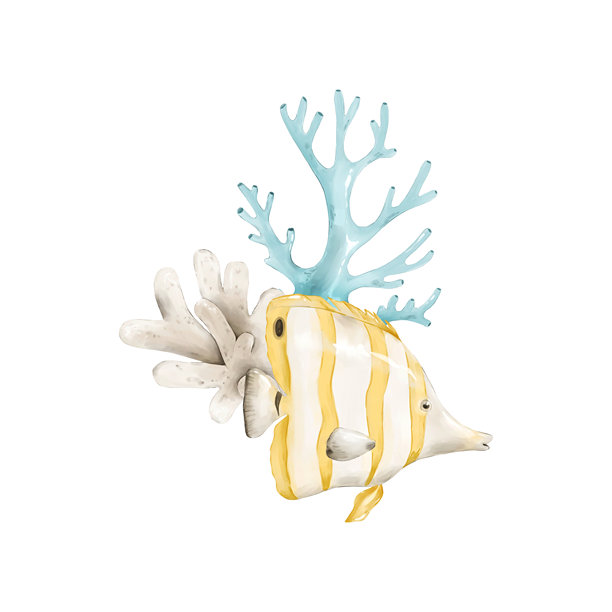 黄色蝴蝶鱼与珊瑚，孤立的剪贴画。水彩手绘海洋主题插画。非常适合儿童服装、托儿所印刷品、品牌设计、贴纸、请柬和海滨装饰。图片下载