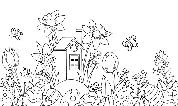 填色书。复活节无缝边框。可爱房屋、彩蛋和鲜花的矢量插画。卡通风格。图片下载