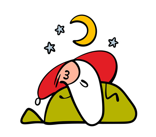 留着长胡子的可爱圣诞老人睡在礼物袋上。夜晚、月亮和星星的矢量插画。新年快乐，圣诞快乐。图片下载