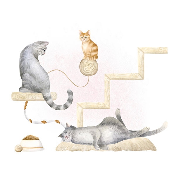 猫咪房间，内有家具、食盆和玩具，水彩风格的独立插画。可爱的宠物和猫咪在对宠物友好的空间里，矢量剪贴画。木制楼梯和猫床，适用于宠物店和救援中心。图片下载