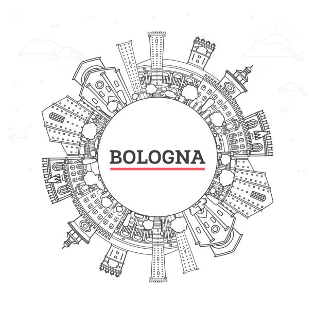 博洛尼亚意大利城市天际线，有历史建筑和空白复制空间，孤立在白色背景上。插画。博洛尼亚市景与地标。图片下载