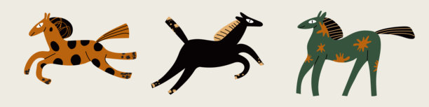 抽象马匹集合。手绘粉笔动物插画，适合2026新年马年。可爱的矢量图形，非常适合横幅、海报、日历和节日占星术图片下载