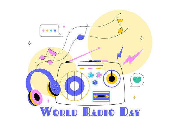 2月13日世界无线电日矢量插画，采用扁平化卡通风格的背景，描绘科技、科学与通信图片下载