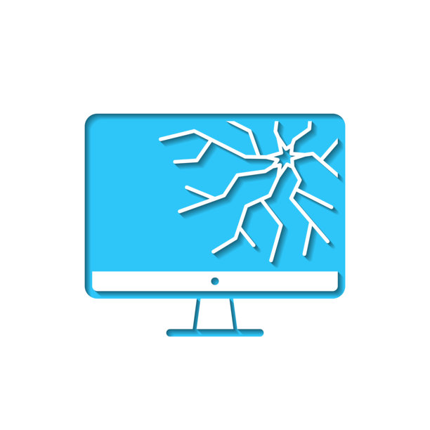屏幕破裂的台式电脑。在蓝色背景的白纸上剪下的图标。图片下载