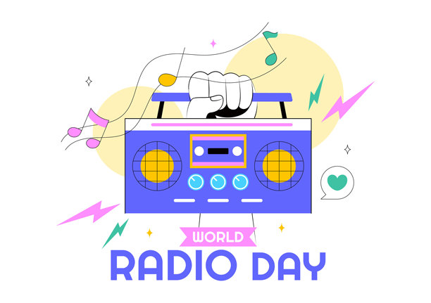 世界无线电日矢量插画，描绘2月13日科技、科学和沟通的扁平风格卡通背景图片下载
