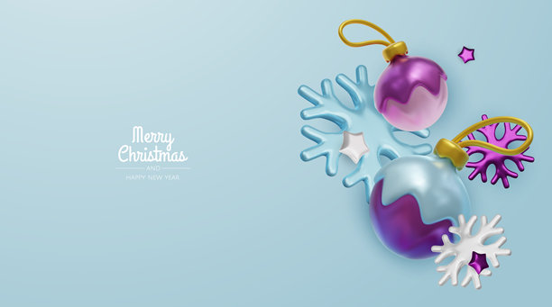 简约圣诞插画，以平静的蓝色调呈现光泽感的装饰球、雪花和圣诞树，非常适合贺卡和新年促销。图片下载