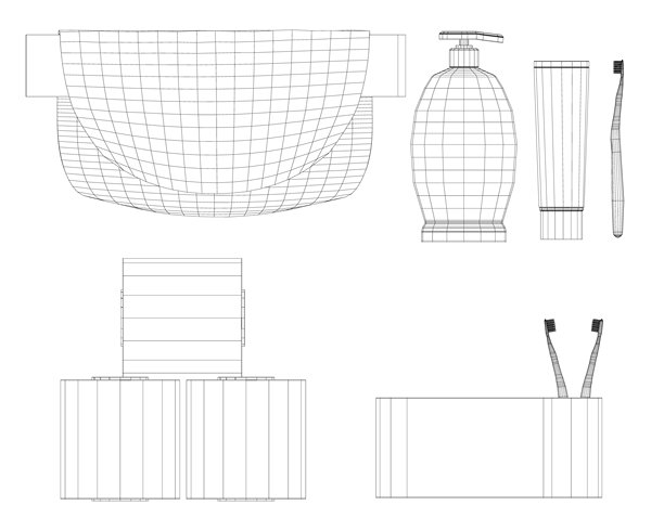 一张黑白线框图，描绘了包含马桶、洗手盆、瓶子、刷子和盒子在内的浴室用品。这幅经典的插画以简洁的技术风格展示了必需的浴室用品。图片下载
