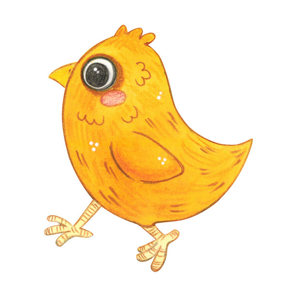 一只黄色的小鸡正向前走。手绘水彩插画，卡通风格。农场，动物，鸟类，村庄，家禽养殖场，儿童，复活节，鸡蛋，肉类，产品，环保，隔离图片下载