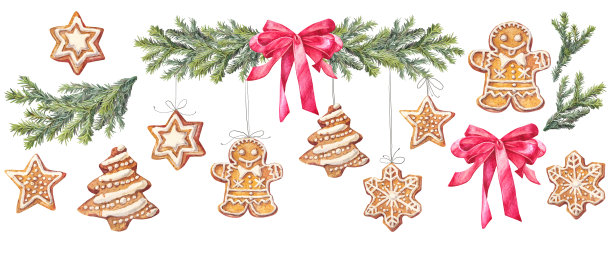 水彩圣诞元素，包含圣诞树枝、姜饼人、星星和红色蝴蝶结，孤立在白色背景上。用于贺卡制作的森林边框。新年庆祝壁纸的手绘插画素材。图片下载