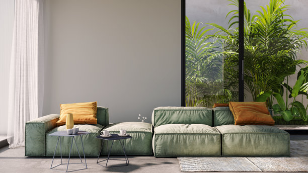 宽敞奢华的现代明亮内饰客厅样板图插画 3D渲染图图片下载