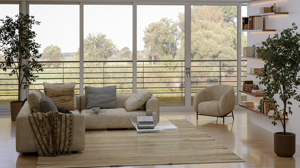 宽敞奢华的现代明亮室内客厅样机插画，3D渲染图图片下载