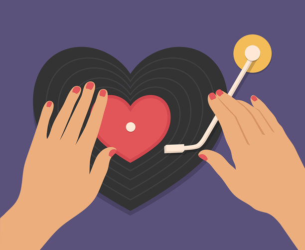 女性的手放在复古黑胶唱片播放器上。心形黑胶唱片。俯视。矢量插画图片下载
