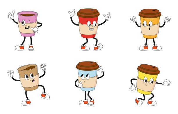 咖啡复古风人物。外卖热饮马克杯各种姿势。带有茶或可可、液态巧克力的积极人物。复古新潮矢量图。图片下载