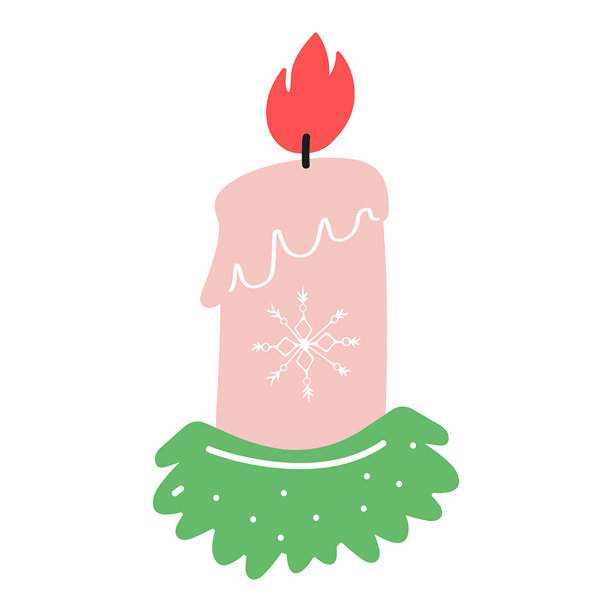圣诞蜡烛插画，采用扁平节日风格，带有松树绿叶和发光火焰，是用于贺卡、冬季设计、季节性装饰和斯堪的纳维亚风格图形的完美节日装饰。图片下载