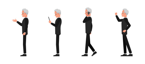 商务男士侧面视图，身穿黑色西装，包含人物集合。男人骄傲地对着手机说话。矢量插画设计。图片下载