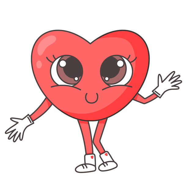 可爱复古风格的卡通红心角色，拥有大大的表情眼睛，戴着白手套，穿着小靴子，站在白色背景上。迷人的插画传达着爱、善良和积极。图片下载