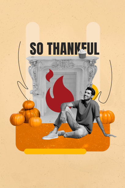 3d图像照片海报拼贴，描绘了一个快乐的男人坐在壁炉旁，庆祝感恩节假期的节日活动，旁边还有纸杯蛋糕和南瓜。图片下载