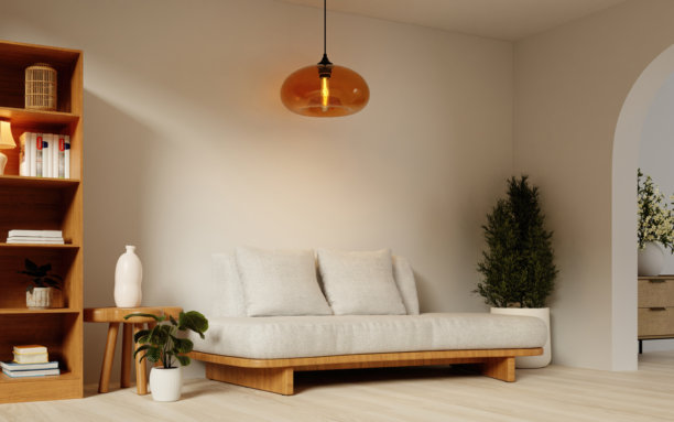 现代生活空间，融入自然元素和极简装饰。三维渲染插画图片下载