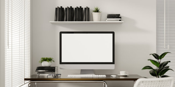 极简风格的家庭办公室，配有电脑和整理有序的书架。3D渲染插画图片下载