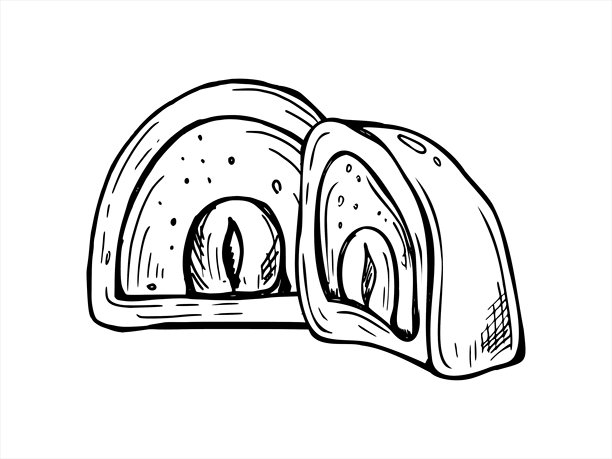 两种带有馅料的坚果糖果切面，采用黑色墨水绘制的线条艺术。单色手绘甜点的横截面，包含巧克力、果仁糖和榛子仁插画。图片下载