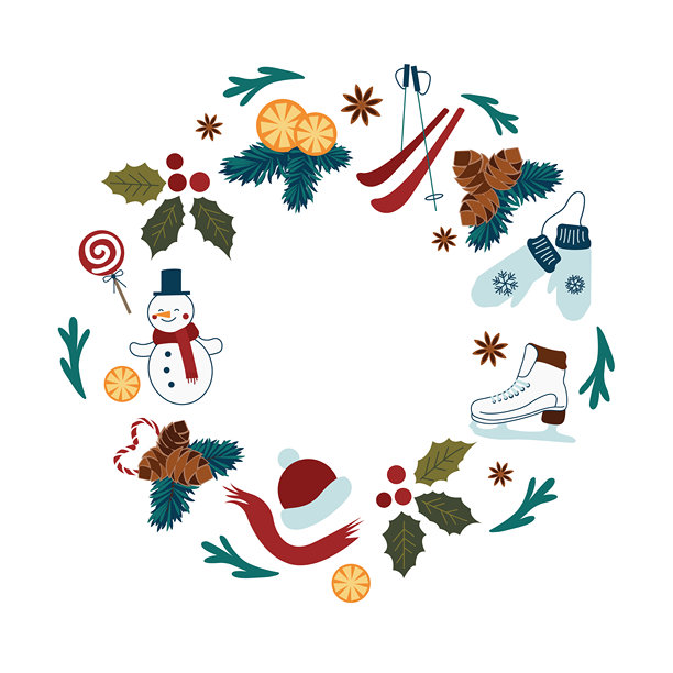 圆形框架、花环、花环，带有冬季假日设计元素：枞树枝、雪人、八角、滑雪板、手套、旱冰鞋、橘子、冬装、圣诞拐杖糖。白色背景上带有扁平冬季图标的新年花环矢量模板。图片下载