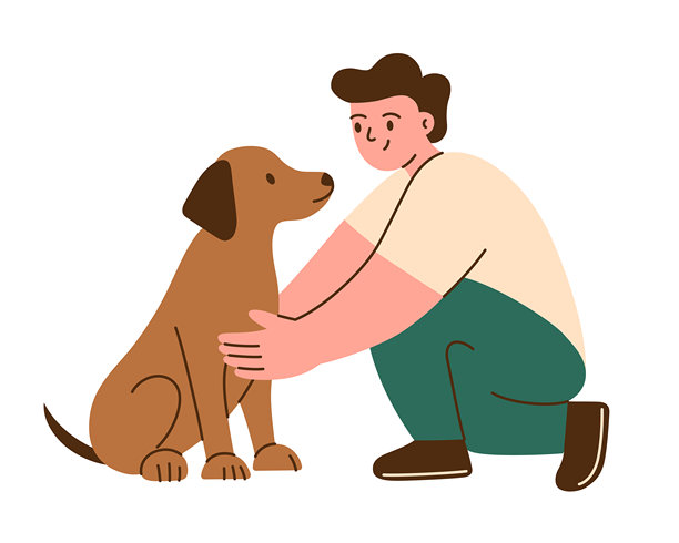 扁平卡通风格的矢量插画，描绘了一名男子和一只大棕狗坐在一起，展现了友好的宠物互动和主人与宠物之间的亲密关系，适用于动物护理主题，传递温馨的沟通。图片下载