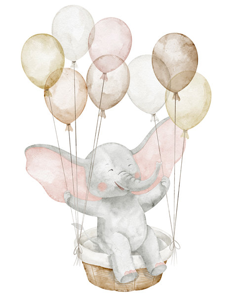 大象水彩插画，坐着篮子，拿着气球。可爱的动物画，适合婴儿送礼会或儿童生日请柬。柔和的艺术风格，适合托儿所海报。图片下载