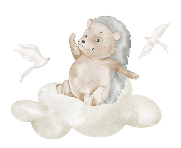 刺猬水彩插画，坐在一朵云上，旁边有小鸟。可爱的动物绘画，适合婴儿洗礼祝福卡或儿童生日请柬。柔和的艺术风格，适合托儿所海报或儿童设计。图片下载
