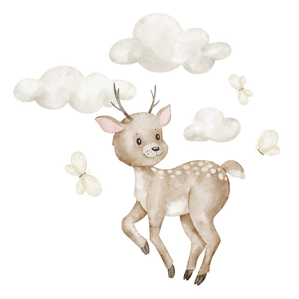 淡彩风格的小鹿插画，配有云朵和蝴蝶。可爱小鹿图案，适用于婴儿派对邀请函或儿童生日邀请函。柔和色调艺术，适合托儿所海报或儿童设计。图片下载