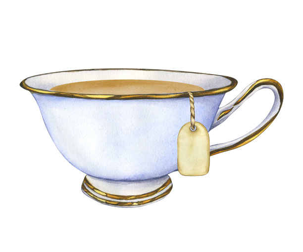 带有茶包的瓷杯。蓝色复古杯中茶水的彩绘插画，孤立在白色背景上。用于英式下午茶聚会或早餐的复古马克杯。手绘茶杯。图片下载