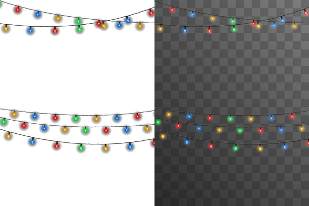 一串发光的圣诞彩灯，带有彩色灯泡和柔和的霓虹光芒，孤立在透明背景上，适用于数字贺卡、圣诞横幅、海报和节日季节性插画图片下载
