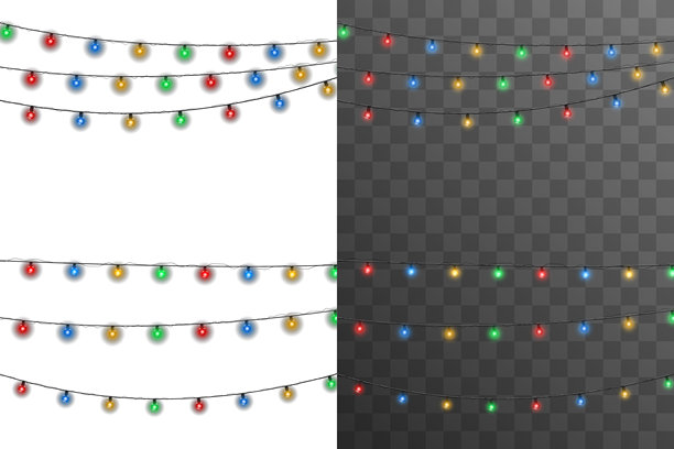 圣诞灯饰插画，包含明亮的灯泡、霓虹节日照明和节日花环元素，孤立在透明背景上，适用于网页图形和季节性设计项目图片下载