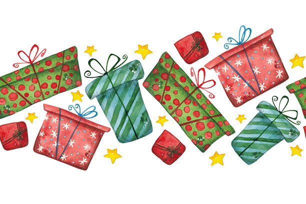 圣诞礼物盒与黄色星星的无缝边框。手绘水彩插画，卡通风格。节日，新年，圣诞节，冬季，舒适，盒子，包装，惊喜，丝带，蝴蝶结图片下载